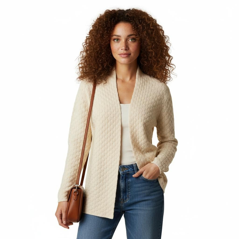 Eileen Fisher Vintage Lambswool Blend Beige Open Front Cardigan- XS